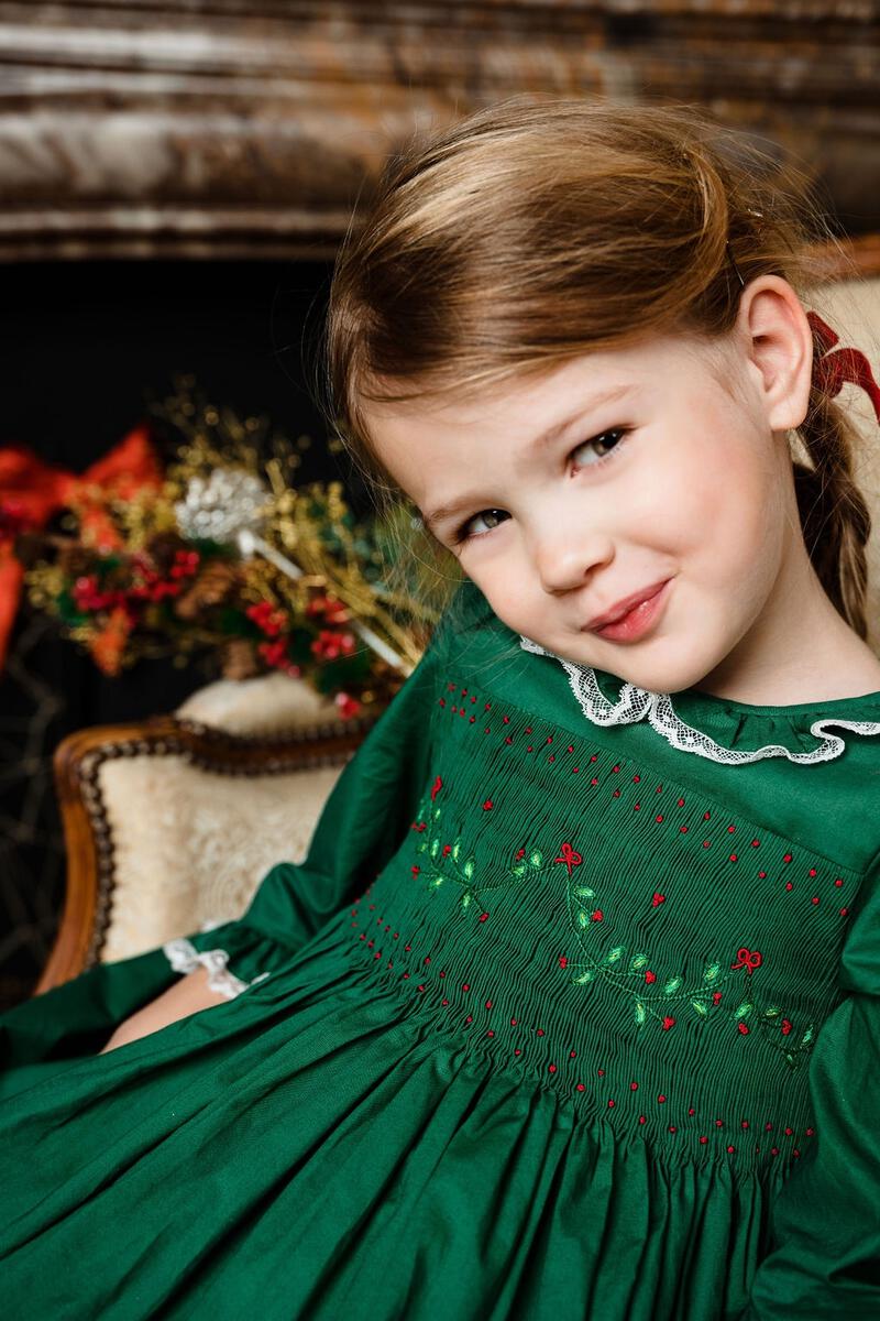 Margaret Long Sleeve Smocked Christmas Dress | Green 6 Margaret Long Sleeve Smocked Christmas Dress | Green 6