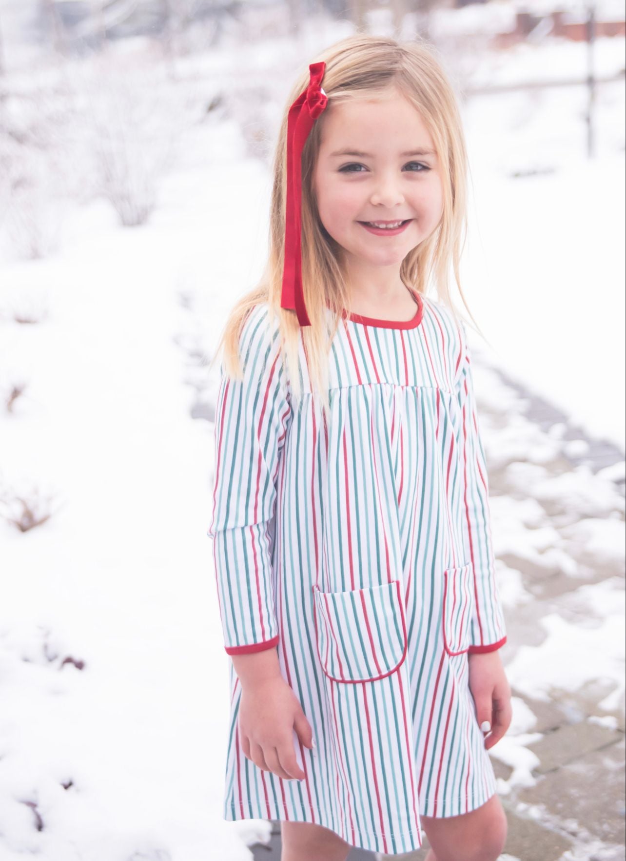 Lennon Knit Pocket Dress | Christmas Stripe "Pink and Blue Avenue" Lennon Knit Pocket Dress | Christmas Stripe "Pink and Blue Avenue"