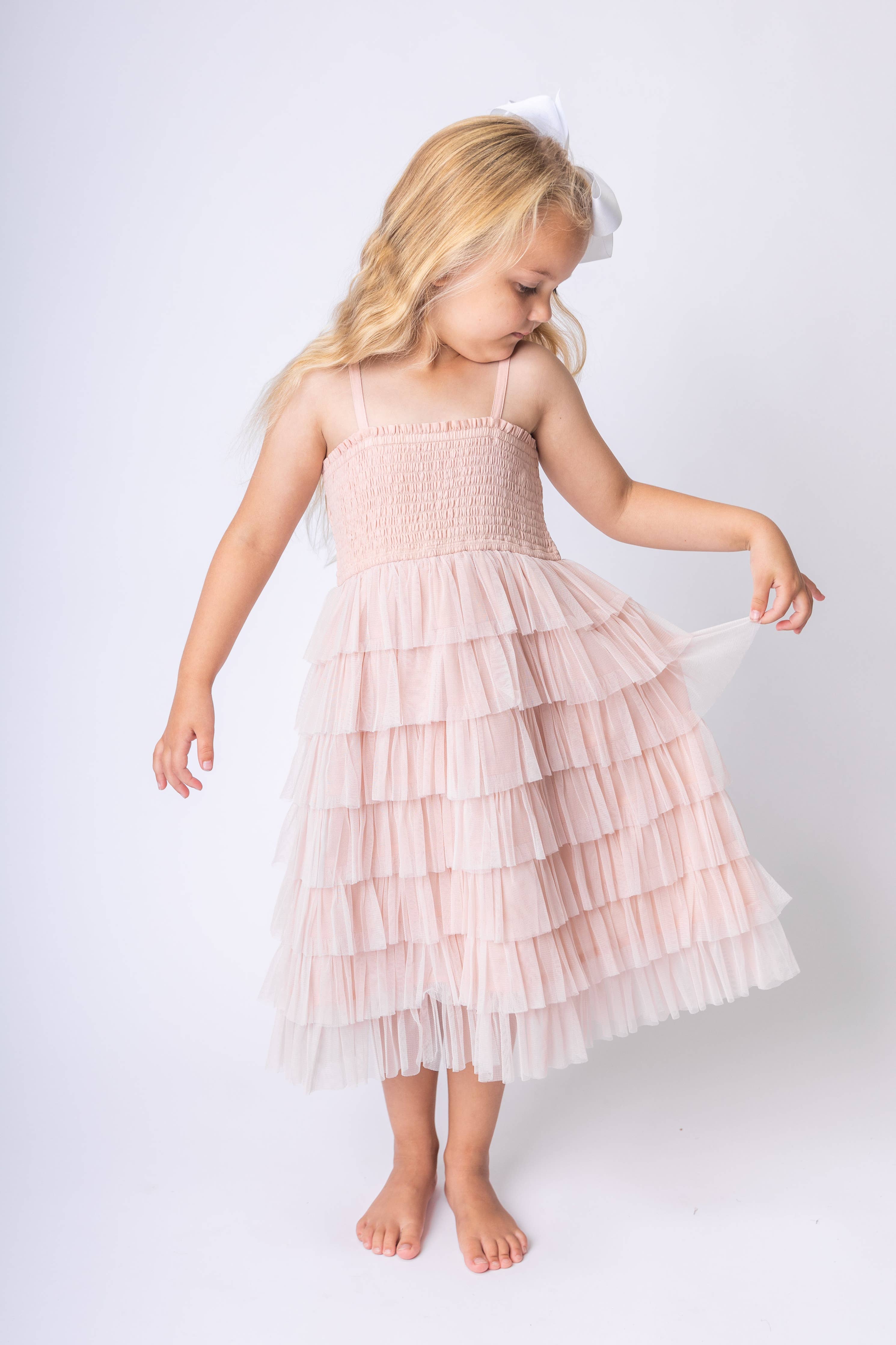 Light Pink Tulle Solid Color Tiered Ruffle Dress 4Y