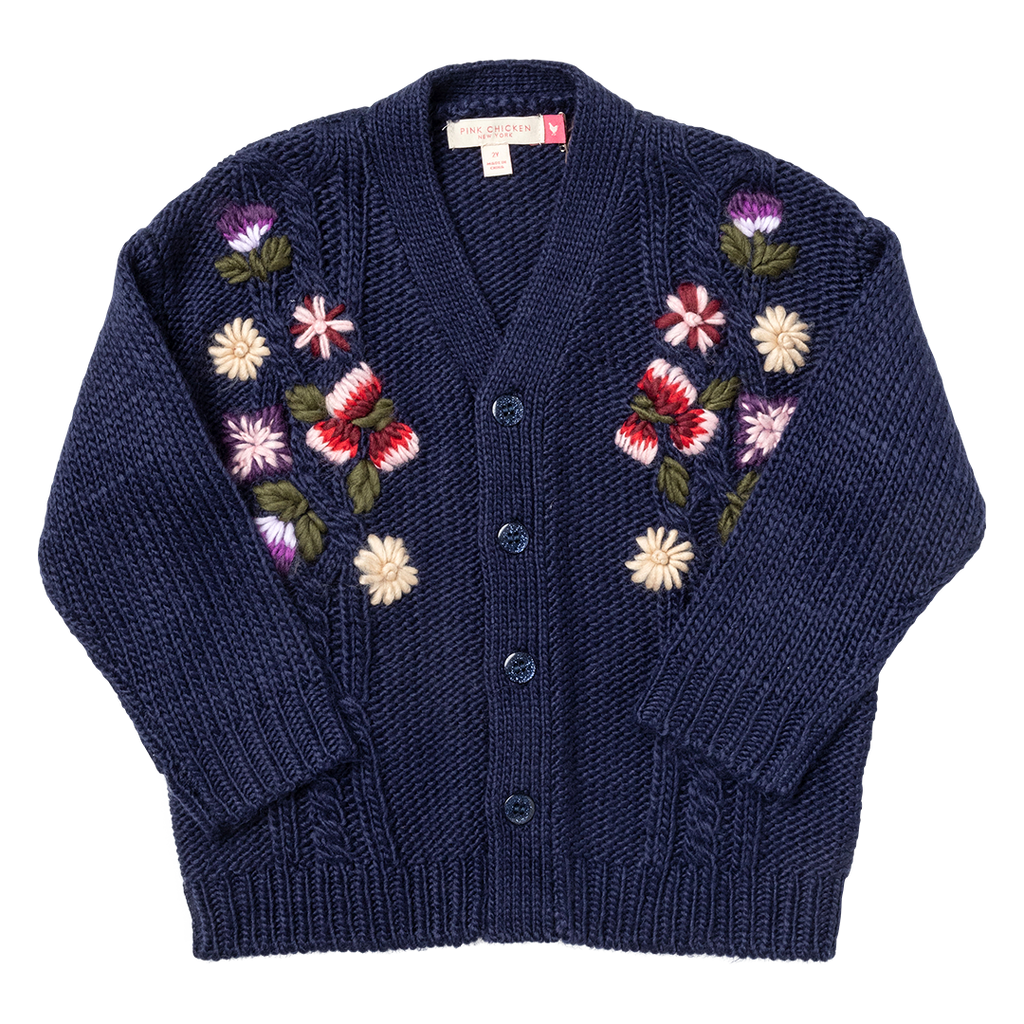 Girls Grandpa Sweater | Navy W/ Floral Embroidery – 