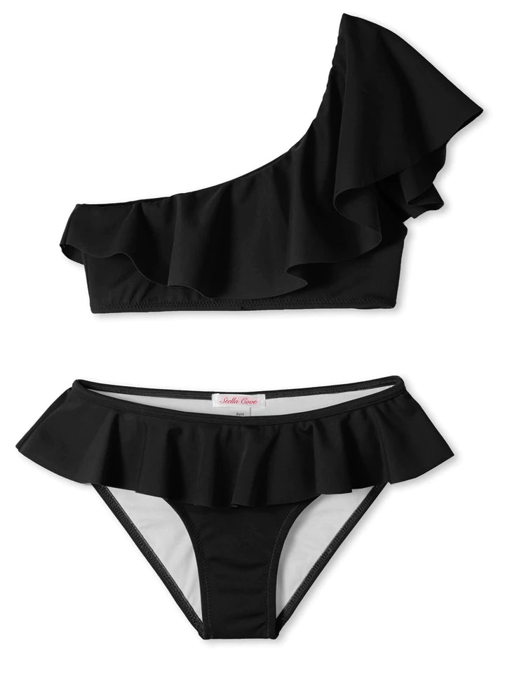 Black ruffle bathing suit deals